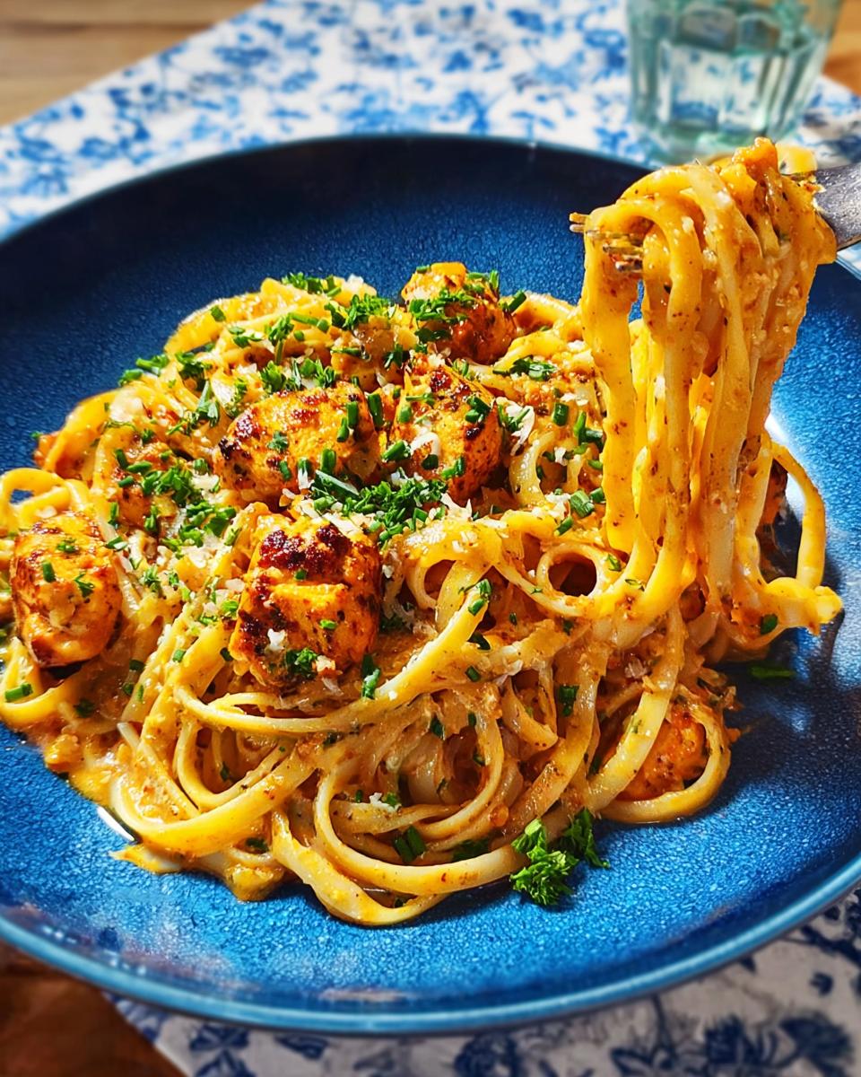 A fork twirls a portion of creamy Cowboy Butter Chicken Pasta, topped with diced chicken and fresh chives.
