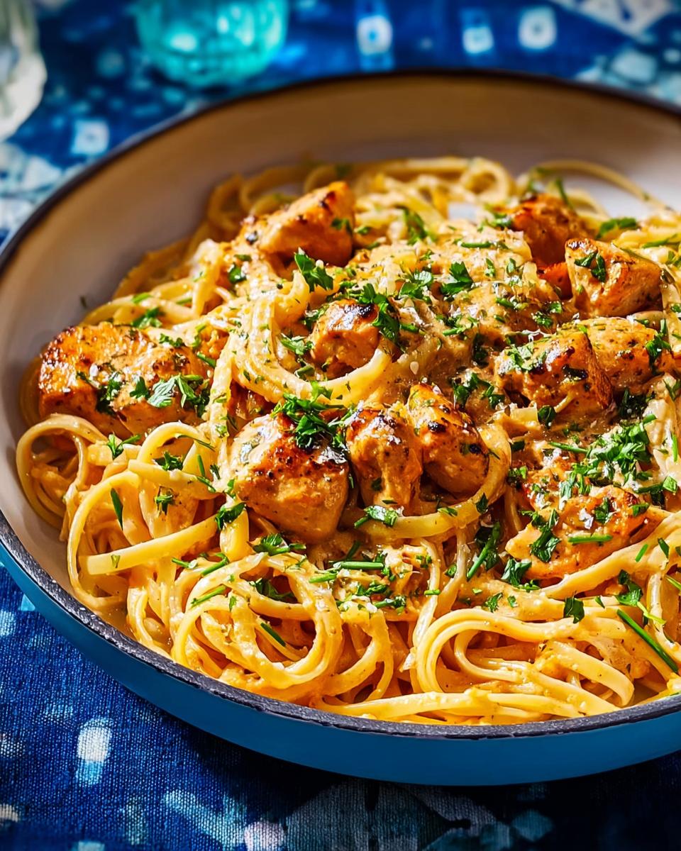 A close-up of Cowboy Butter Chicken Pasta, featuring tender chicken pieces and linguine coated in a creamy sauce, garnished with fresh parsley.