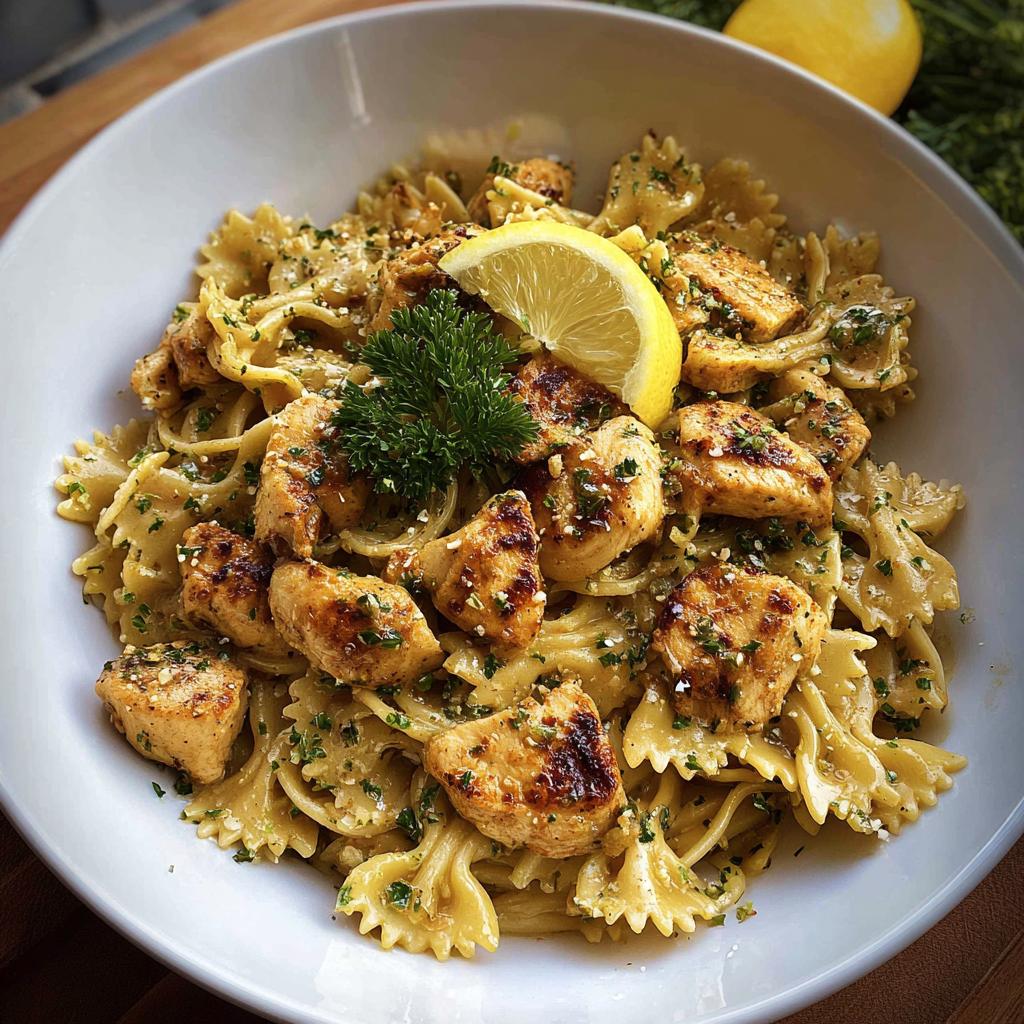 A bowl of Cowboy Butter Lemon Bowtie Chicken Pasta with grilled chicken pieces and a lemon slice garnish.