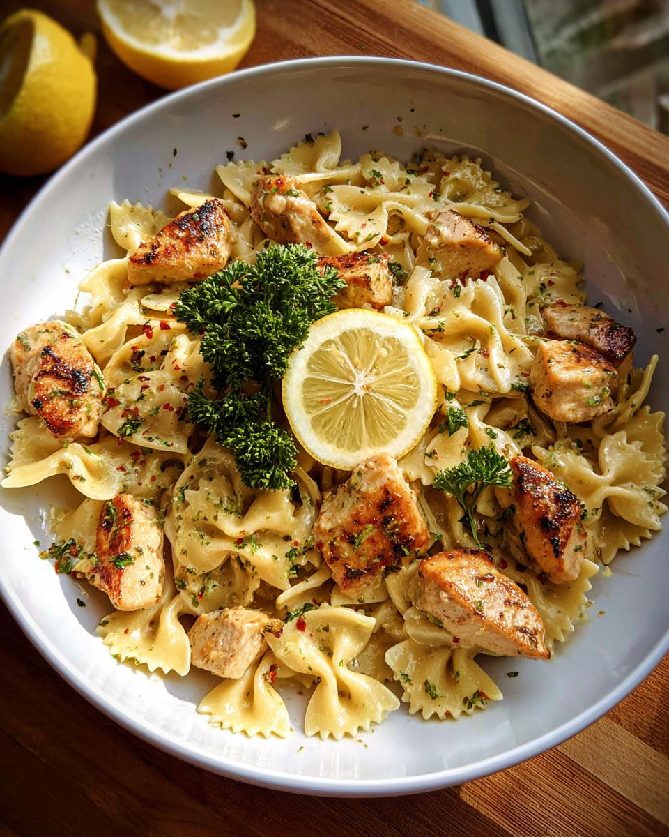 A bowl of Cowboy Butter Lemon Bowtie Chicken Pasta with grilled chicken pieces, garnished with lemon and parsley.