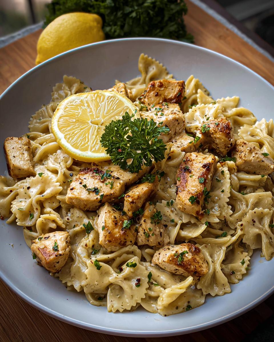 A bowl of Cowboy Butter Lemon Bowtie Chicken Pasta with broccoli, garnished with a lemon slice and parsley.