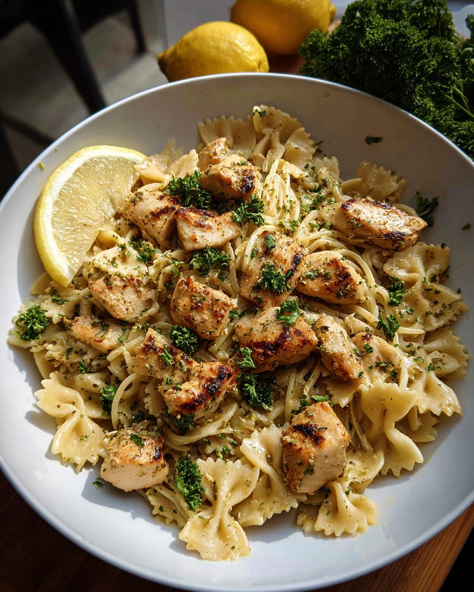 A bowl of Cowboy Butter Lemon Bowtie Chicken Pasta with Broccoli, topped with grilled chicken pieces and a lemon wedge.