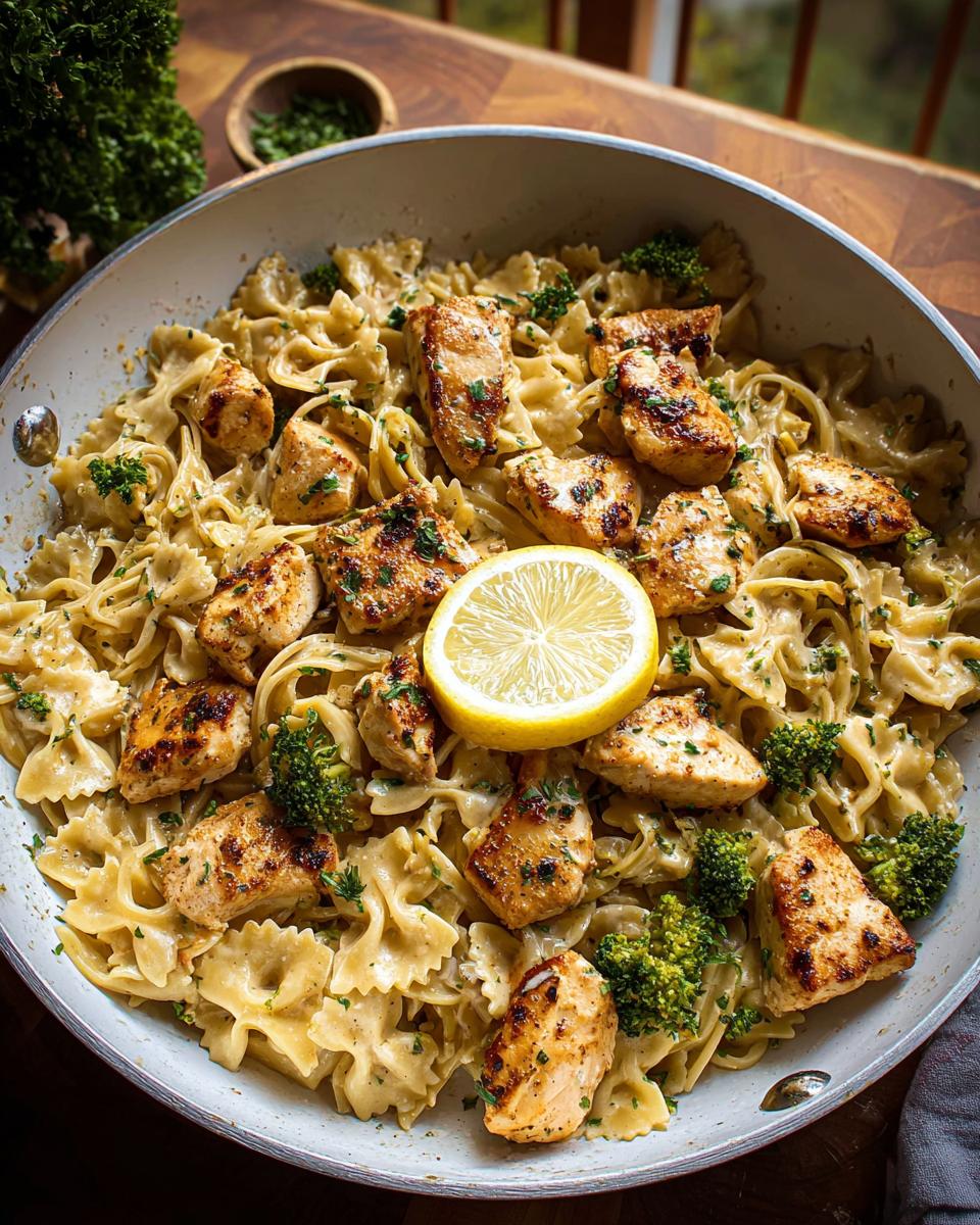 A delicious skillet of Cowboy Butter Lemon Bowtie Chicken Pasta with Broccoli, topped with grilled chicken pieces and a lemon slice.