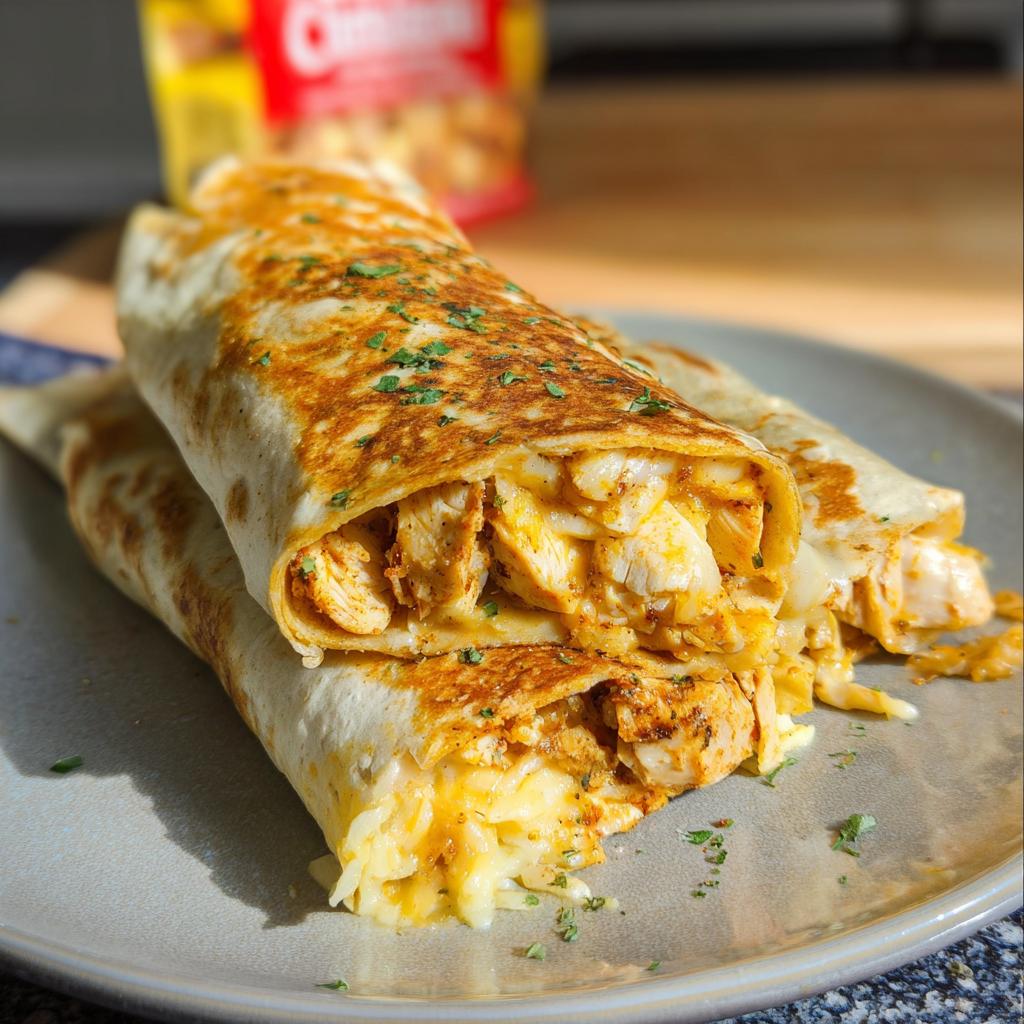Close-up of two Cozy Cheesy Garlic Chicken Wraps on a plate, filled with shredded chicken and melted cheese, sprinkled with parsley.