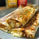 Three golden-brown Cozy Cheesy Garlic Chicken Wraps filled with chicken and melted cheese, sprinkled with parsley.