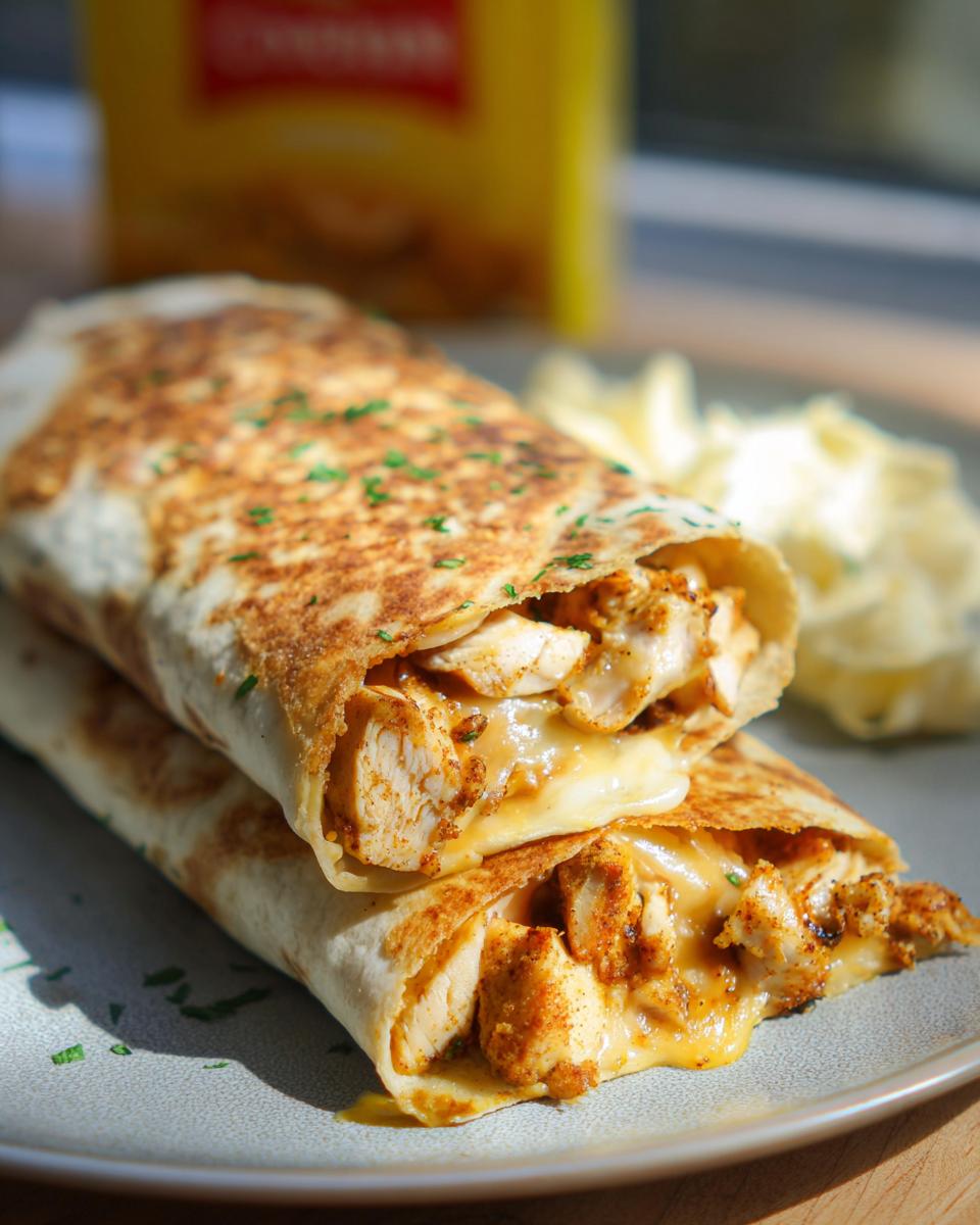 Two Cozy Cheesy Garlic Chicken Wraps cut in half, showing tender chicken and melted cheese inside.