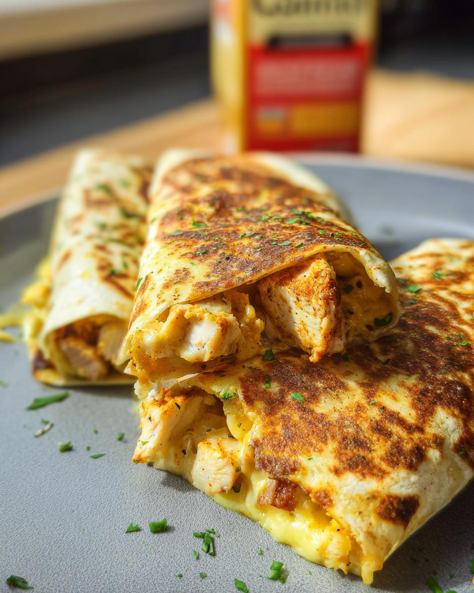 Close-up of Cozy Cheesy Garlic Chicken Wraps, showing tender chicken and melted cheese spilling out.