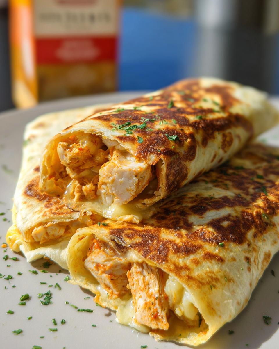 Close-up of two Cozy Cheesy Garlic Chicken Wraps on a plate, filled with chicken and melted cheese, garnished with parsley.
