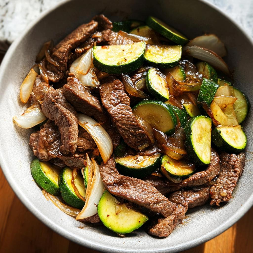 A close-up of a Cozy Grilled Steak Bowl with tender steak strips, grilled zucchini slices, and caramelized onions.
