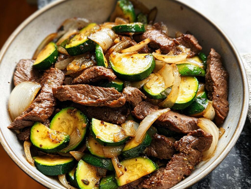 A close-up of a Cozy Grilled Steak Bowl with tender steak slices, sautéed zucchini rounds, and onions.