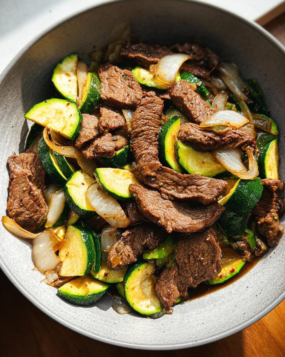A close-up of a Cozy Grilled Steak Bowl with tender steak slices, sautéed zucchini rounds, and onions in a savory sauce.