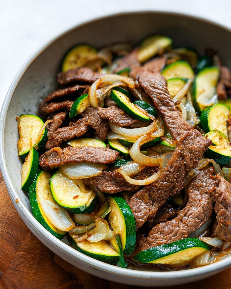 Close-up of a Cozy Grilled Steak Bowl with tender steak slices, zucchini rounds, and onions.