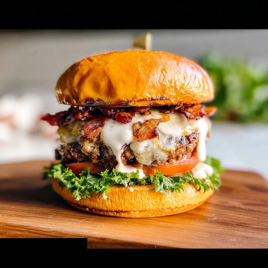 A delicious Crack Burger stacked high with crispy bacon, melted cheese, fresh lettuce, and tomato on a toasted bun.