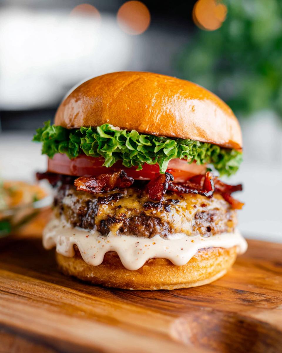 A delicious Crack Burger with crispy bacon, melted cheese, fresh lettuce, and tomato on a toasted bun.