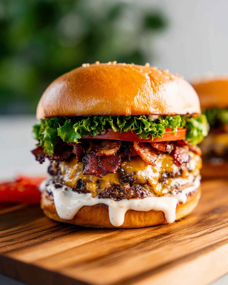 A close-up of a delicious Crack Burger with double patties, melted cheese, crispy bacon, lettuce, tomato, and sauce on a bun.