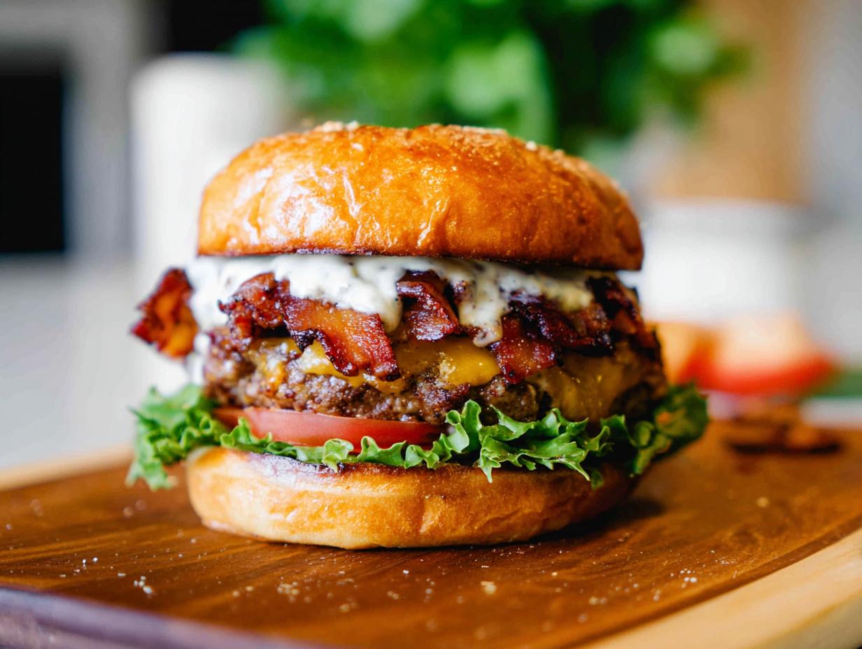 A juicy and delicious Crack Burger with bacon, cheese, lettuce, and tomato on a toasted bun.
