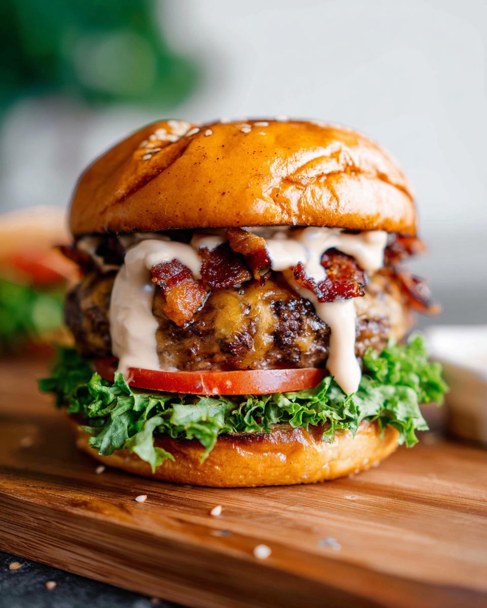 Close-up of a delicious Crack Burger with melted cheese, crispy bacon, fresh lettuce, tomato, and a creamy sauce.