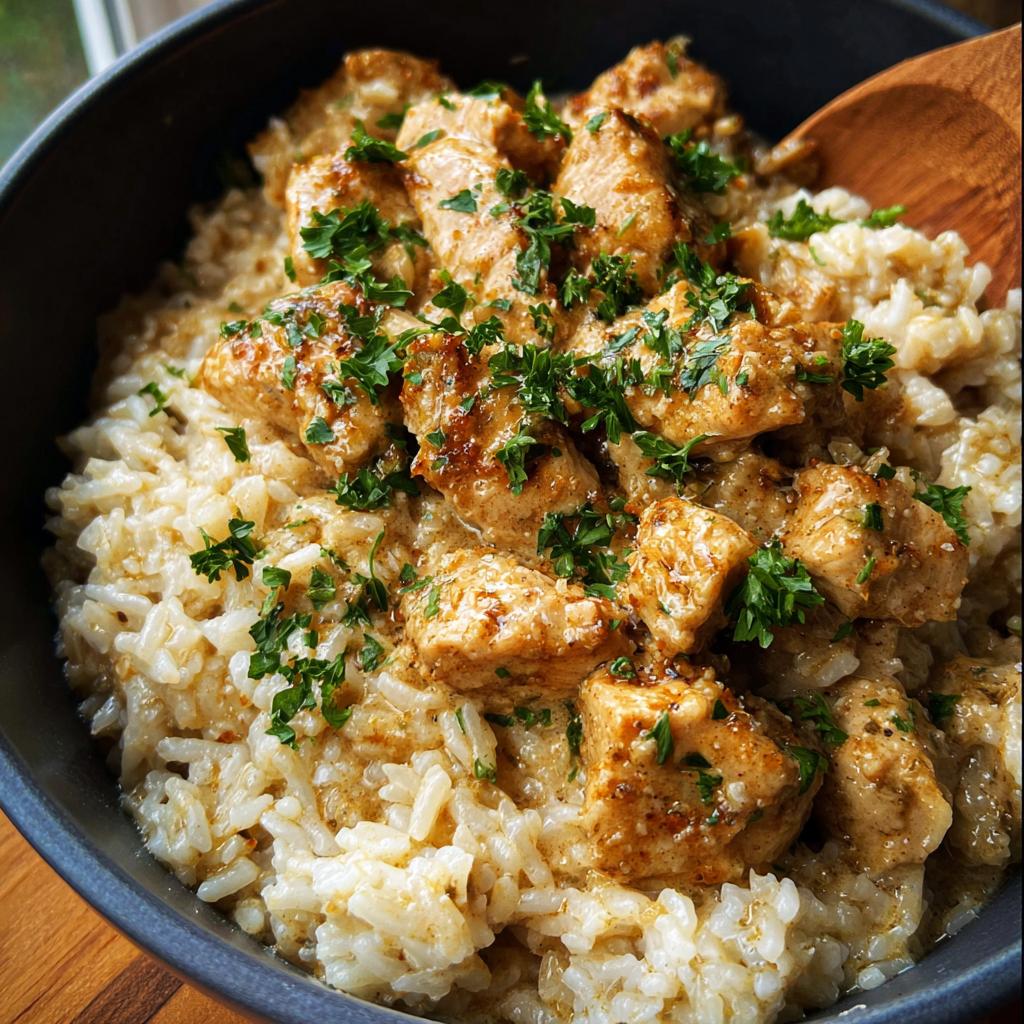 A close-up of a Creamy Cajun Chicken & Rice bowl, featuring tender chicken pieces in a rich sauce over fluffy rice, garnished with parsley.