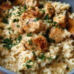 Close-up of a bowl of Creamy Cajun Chicken & Rice, featuring tender chicken pieces and fluffy rice in a rich sauce, garnished with parsley.