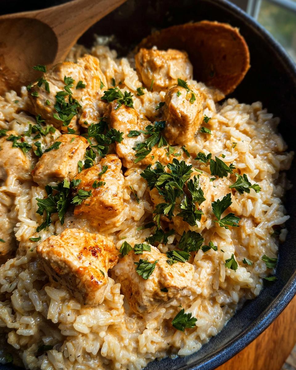 Close-up of a Creamy Cajun Chicken & Rice Bowl topped with fresh parsley.