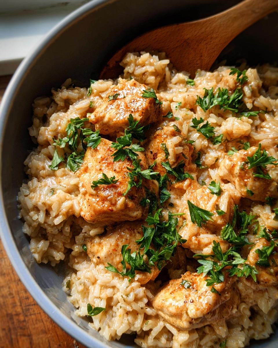 Close-up of a bowl of Creamy Cajun Chicken & Rice, garnished with fresh parsley.