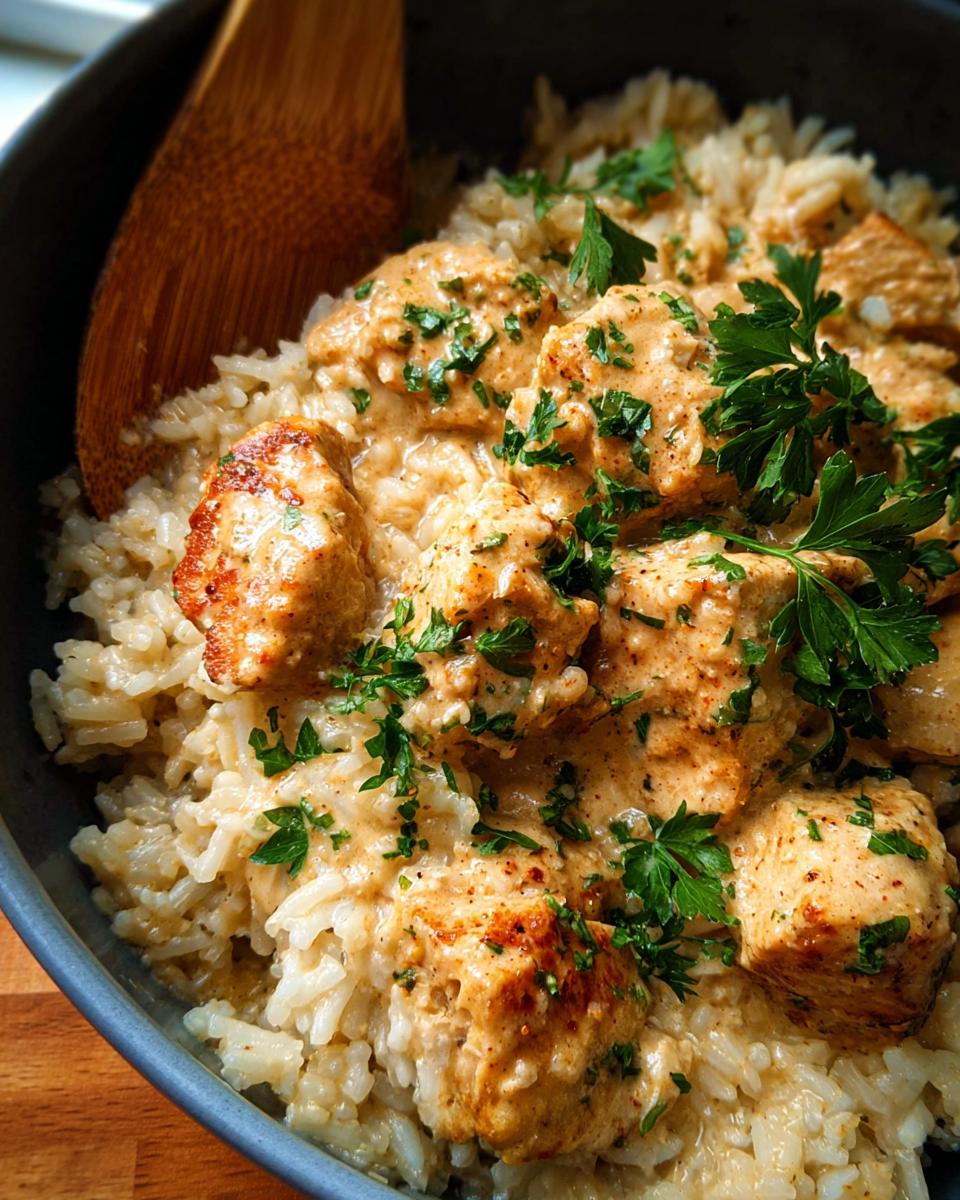 A close-up of a Creamy Cajun Chicken & Rice Bowl, showing tender chicken pieces in a rich sauce over fluffy rice, garnished with parsley.
