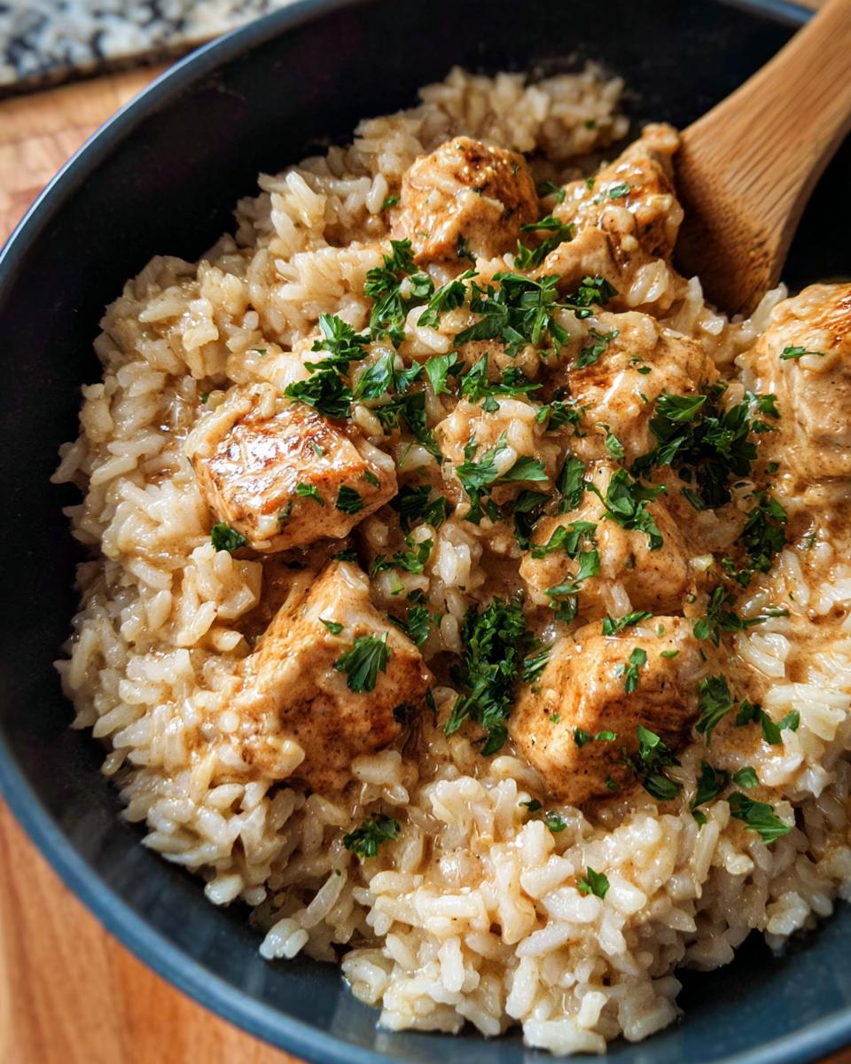 Close-up of a dark bowl filled with creamy Cajun chicken and rice, garnished with fresh parsley.