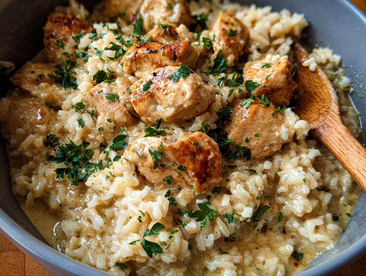 Close-up of a bowl of Creamy Cajun Chicken & Rice, featuring tender chicken pieces and fluffy rice in a rich sauce, garnished with parsley.