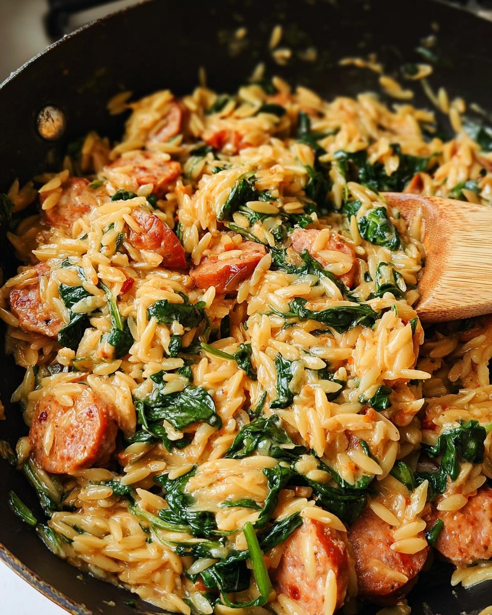Close-up of creamy chicken sausage orzo with spinach being stirred with a wooden spoon in a pan.