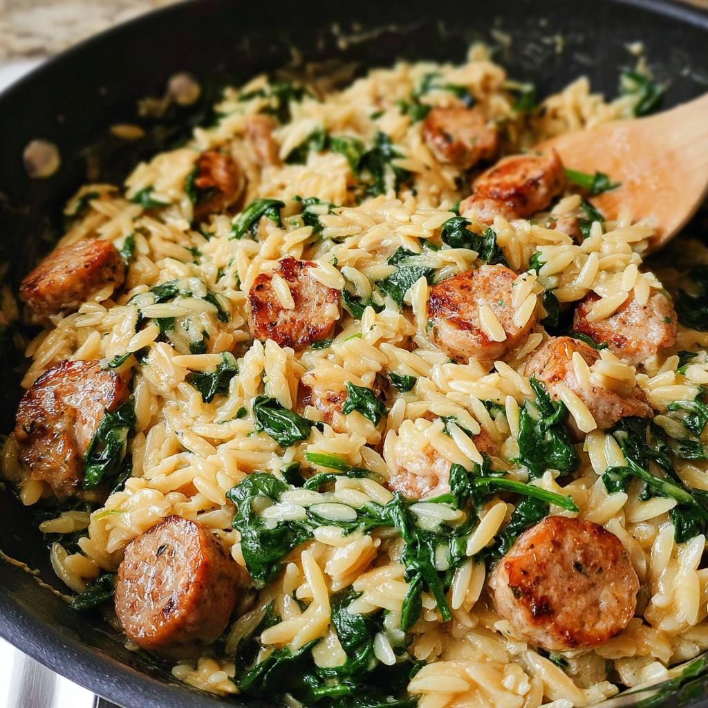 Close-up of creamy chicken sausage orzo with spinach in a black skillet, stirred with a wooden spoon.
