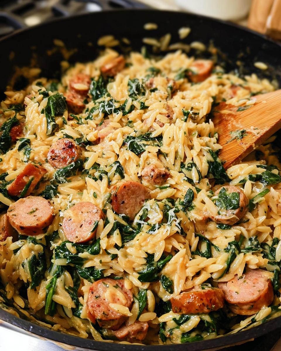 Close-up of Creamy Chicken Sausage Orzo with spinach and grated cheese in a skillet.