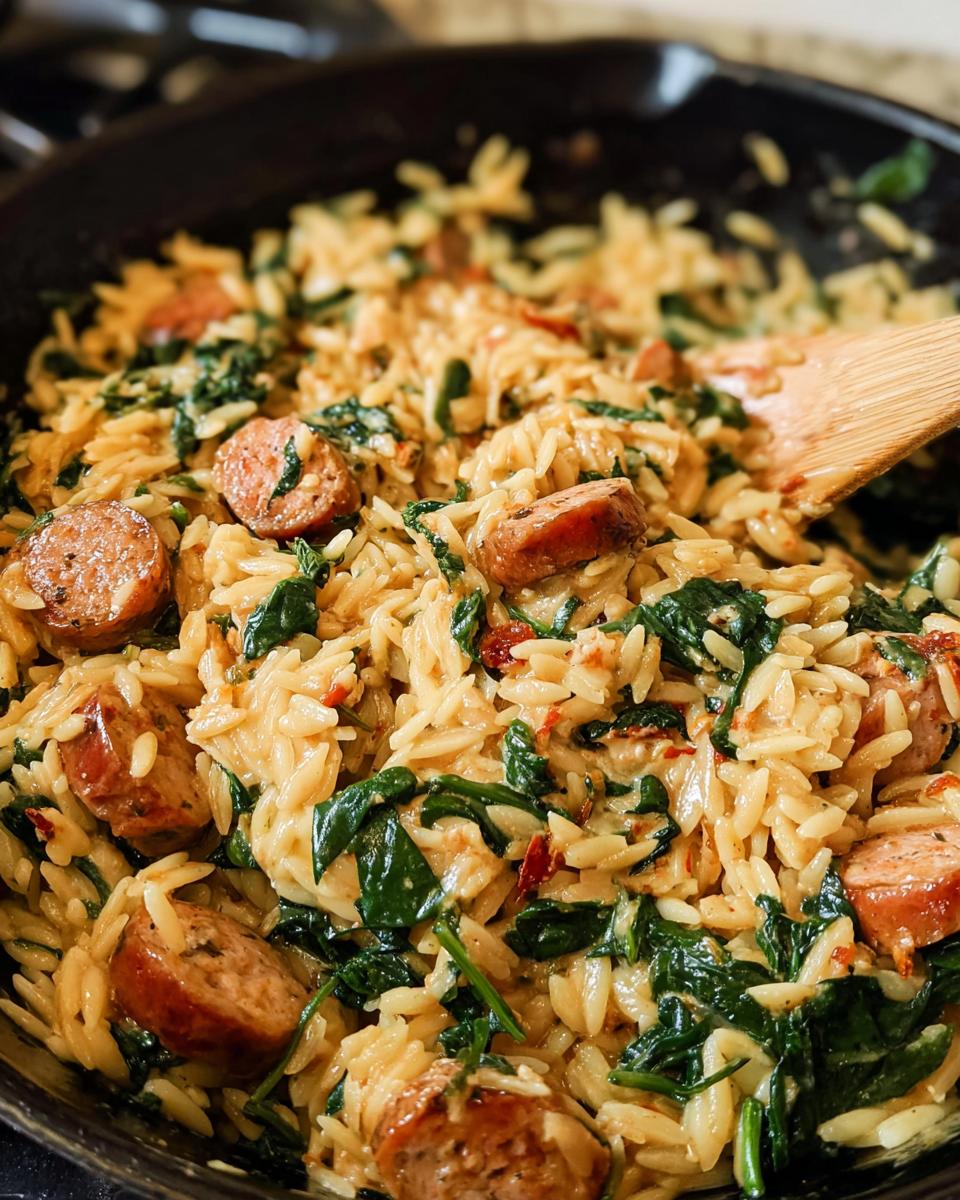 Close-up of Creamy Chicken Sausage Orzo with spinach and sun-dried tomatoes in a cast iron skillet.