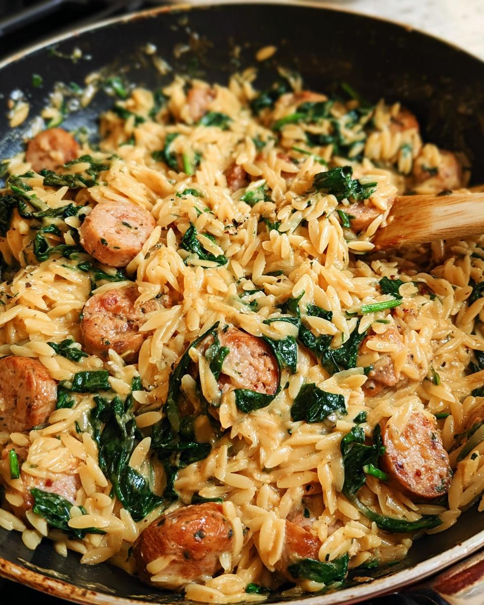 Close-up of Creamy Chicken Sausage Orzo with spinach being stirred in a skillet with a wooden spoon.