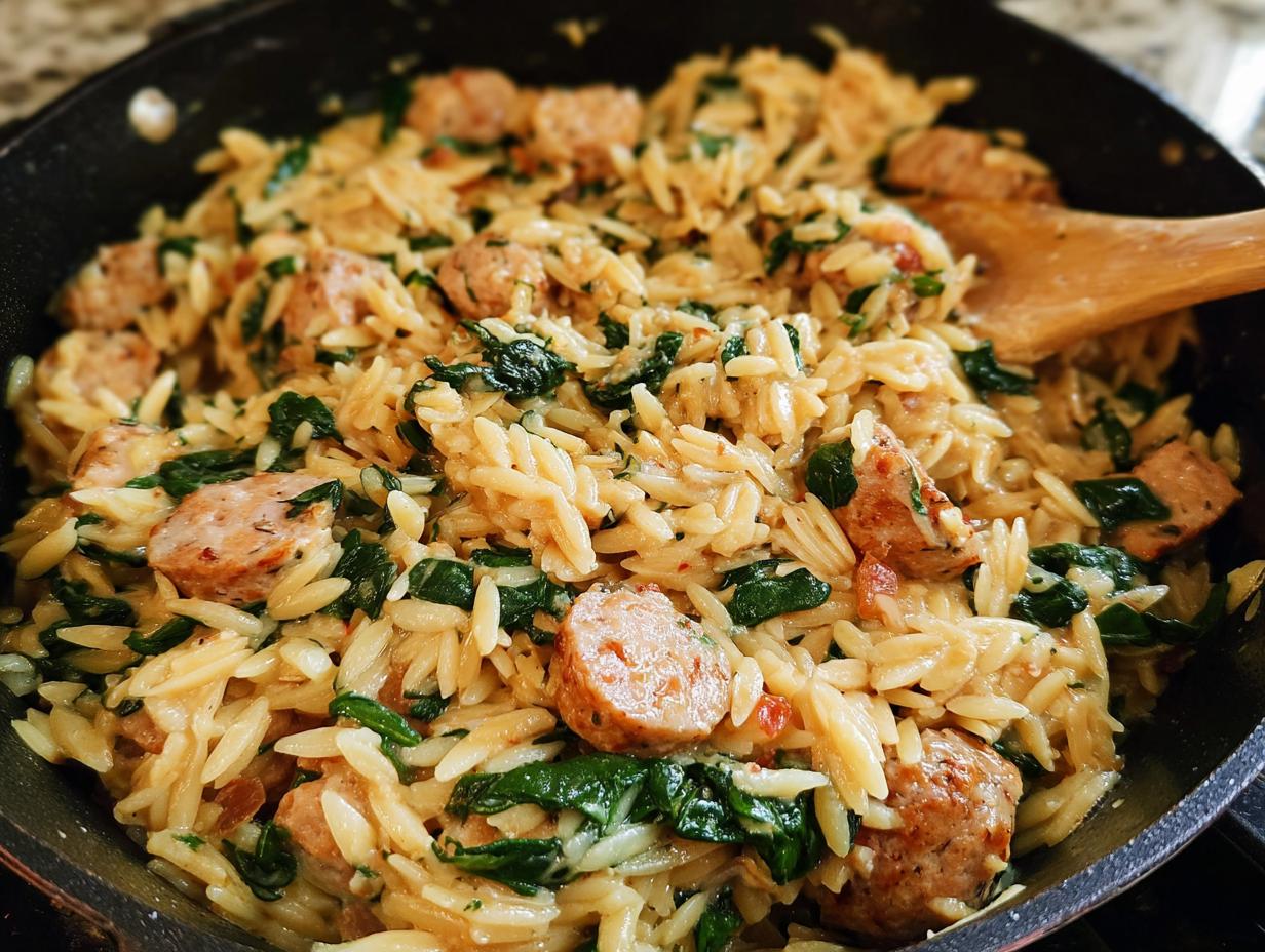 Close-up of creamy chicken sausage orzo with spinach in a skillet, being stirred with a wooden spoon.