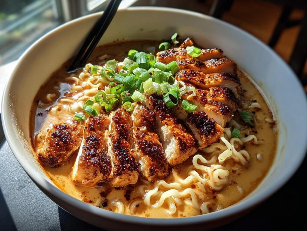 A bowl of Creamy Garlic Chicken Ramen topped with sliced chicken and green onions.