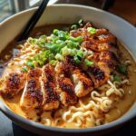A bowl of Creamy Garlic Chicken Ramen topped with sliced chicken and green onions.