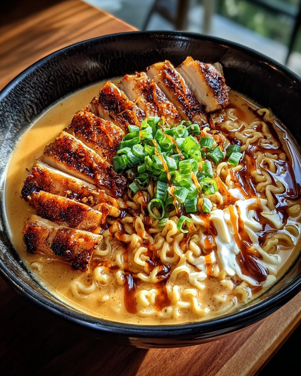 A close-up of a bowl of Creamy Garlic Chicken Ramen, featuring sliced grilled chicken, noodles, and green onions.
