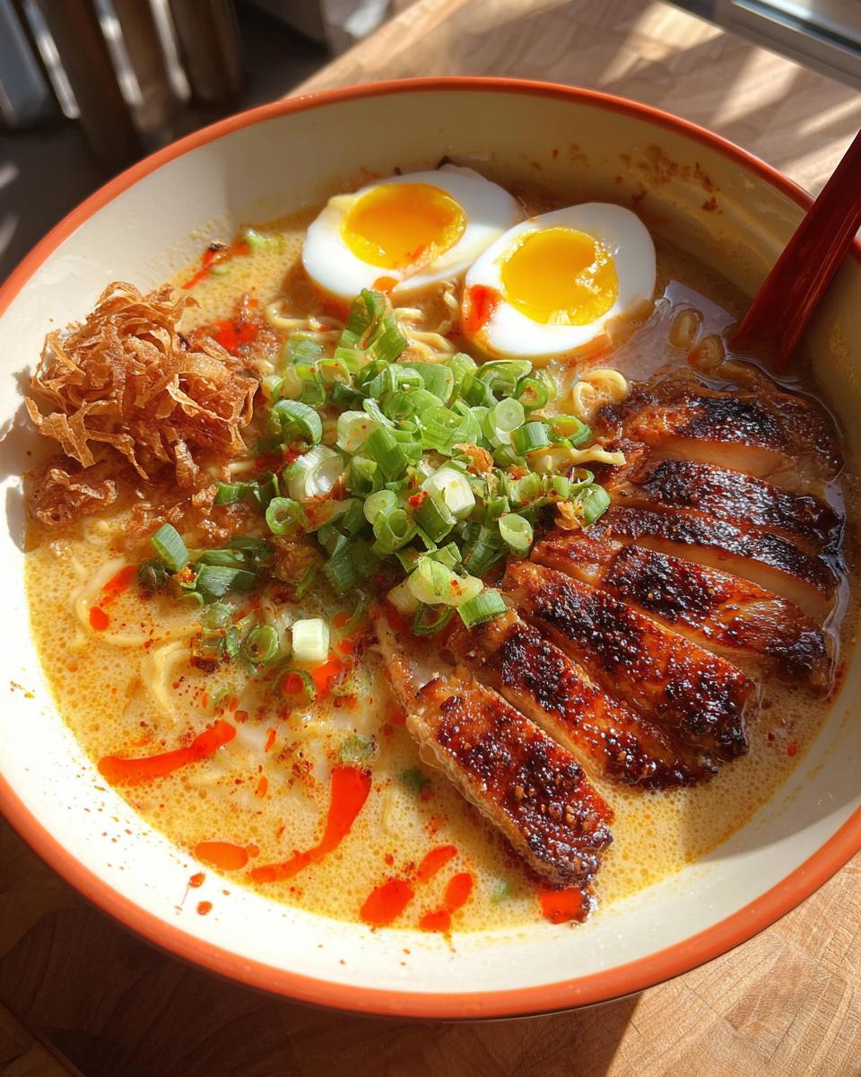 A steaming bowl of Creamy Garlic Chicken Ramen, topped with sliced chicken, a soft-boiled egg, and green onions.