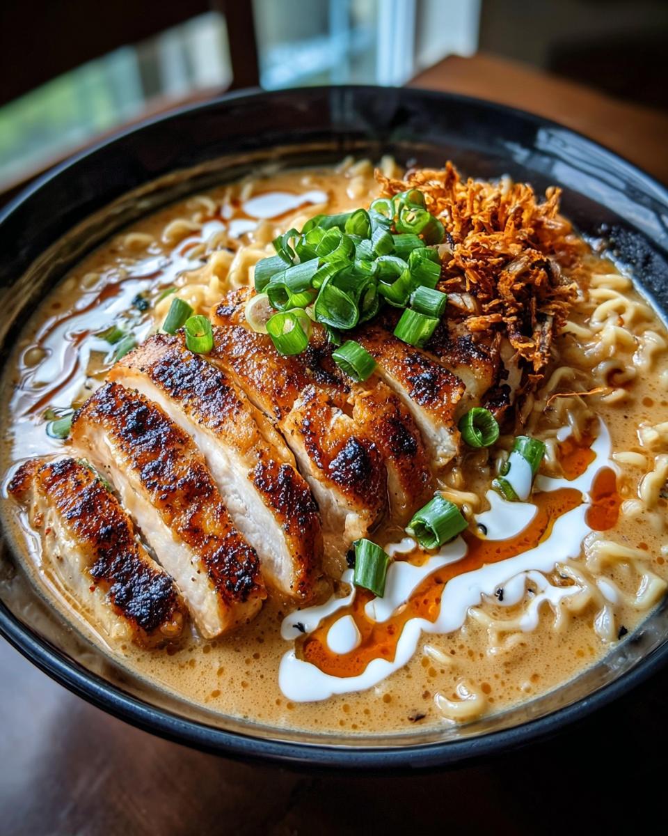 A delicious bowl of Creamy Garlic Chicken Ramen topped with sliced grilled chicken, green onions, and crispy fried onions.