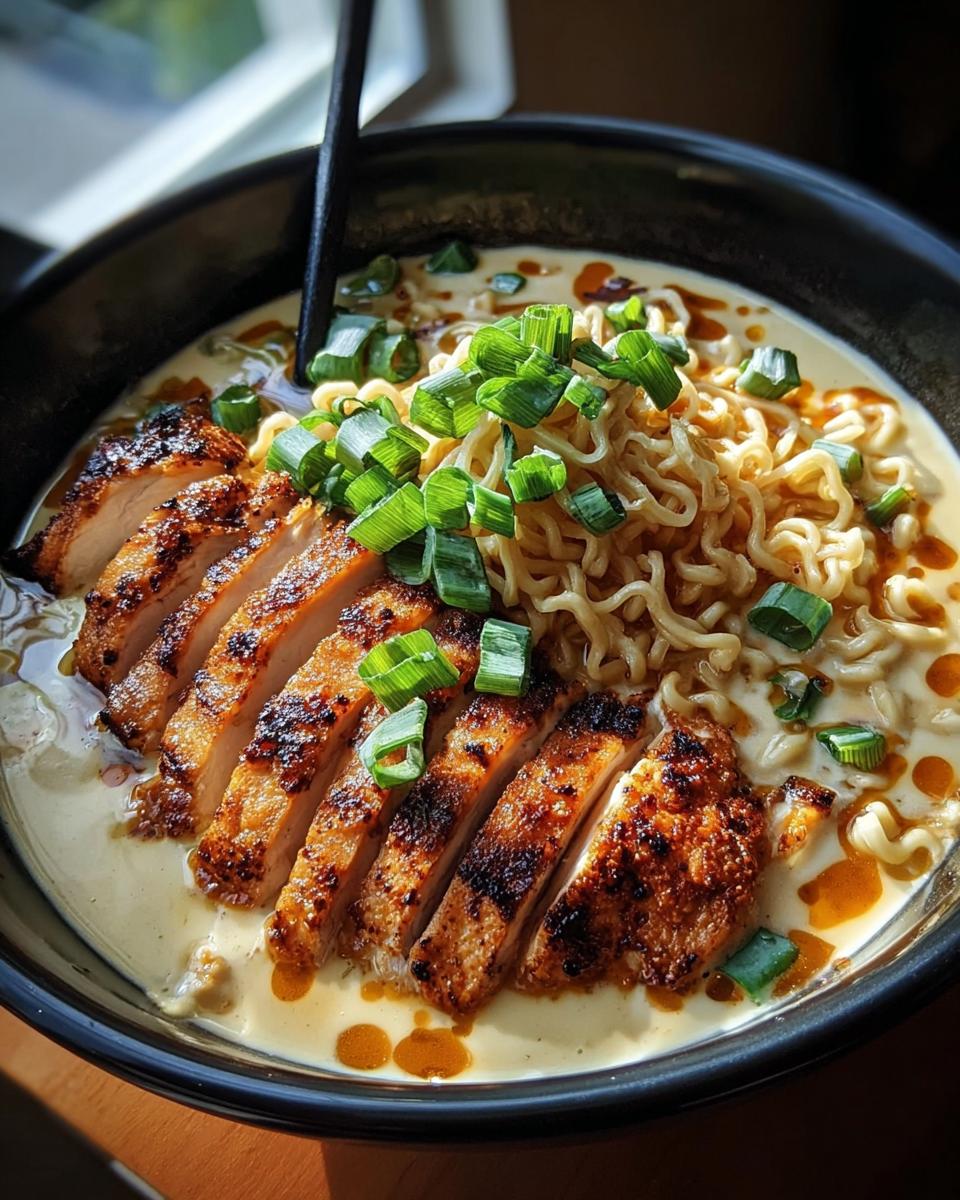 A close-up of a bowl of Creamy Garlic Chicken Ramen, featuring sliced grilled chicken, ramen noodles, and chopped green onions.