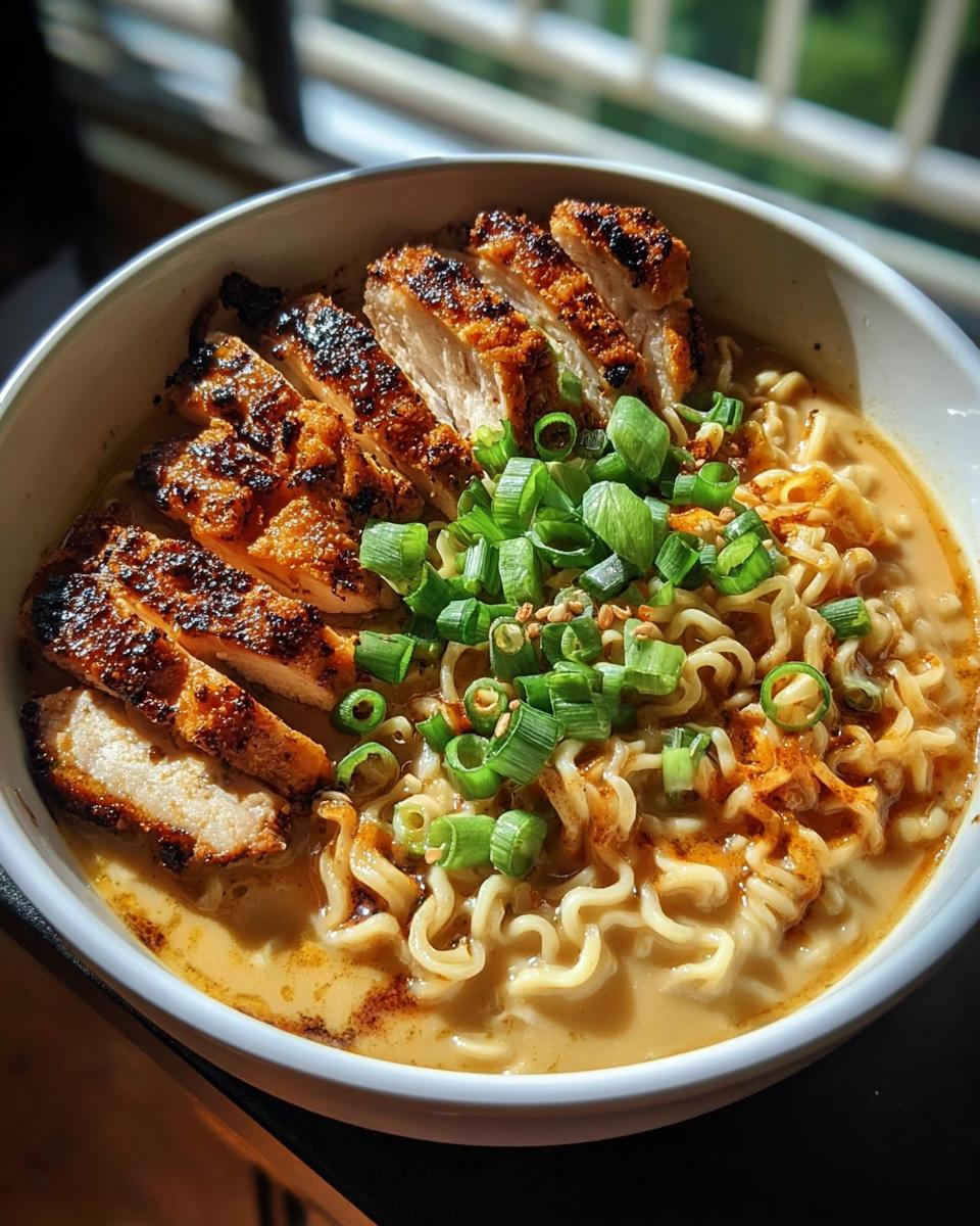 A bowl of Creamy Garlic Chicken Ramen topped with sliced grilled chicken and green onions.