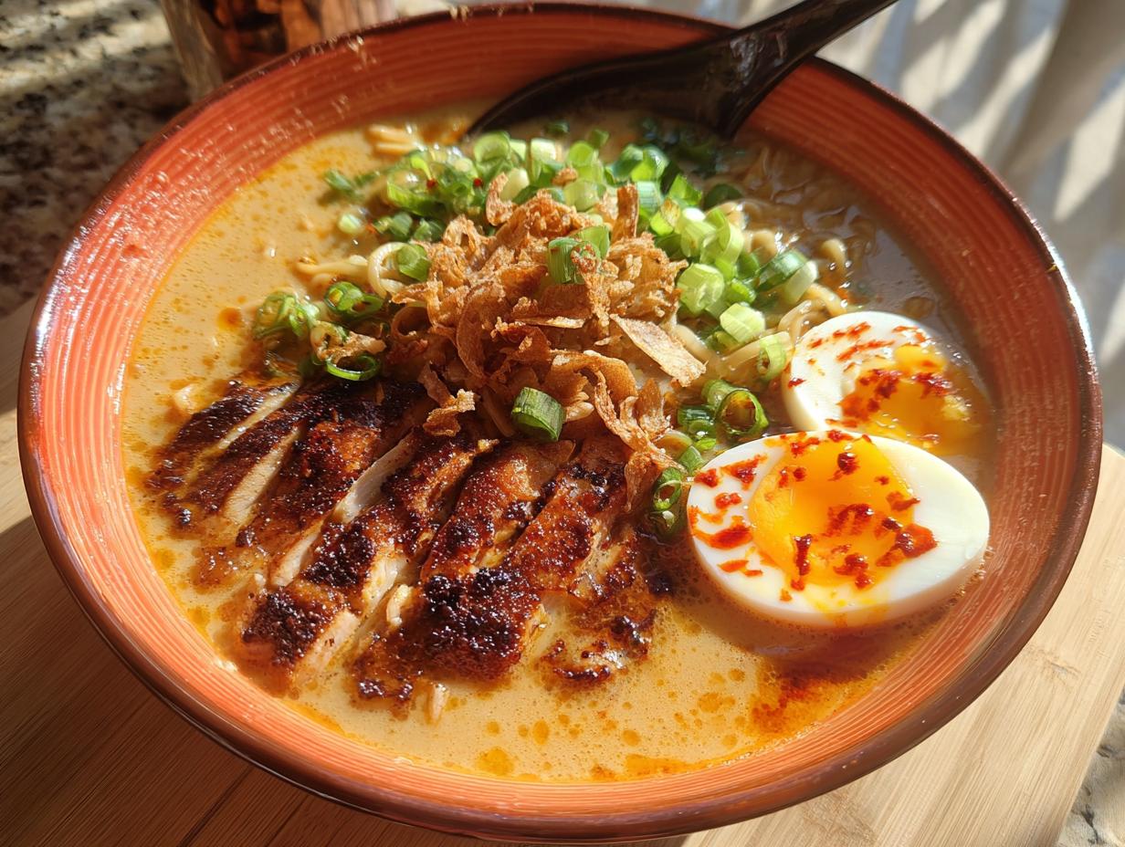 A delicious bowl of Creamy Garlic Chicken Ramen topped with sliced chicken, soft-boiled eggs, and green onions.