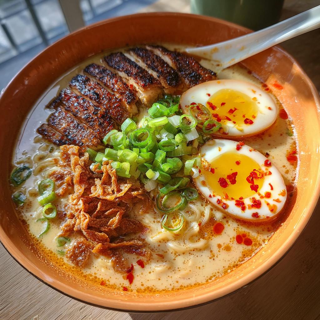 A close-up of a steaming bowl of Creamy Garlic Chicken Ramen, topped with sliced grilled chicken, soft-boiled eggs, and green onions.