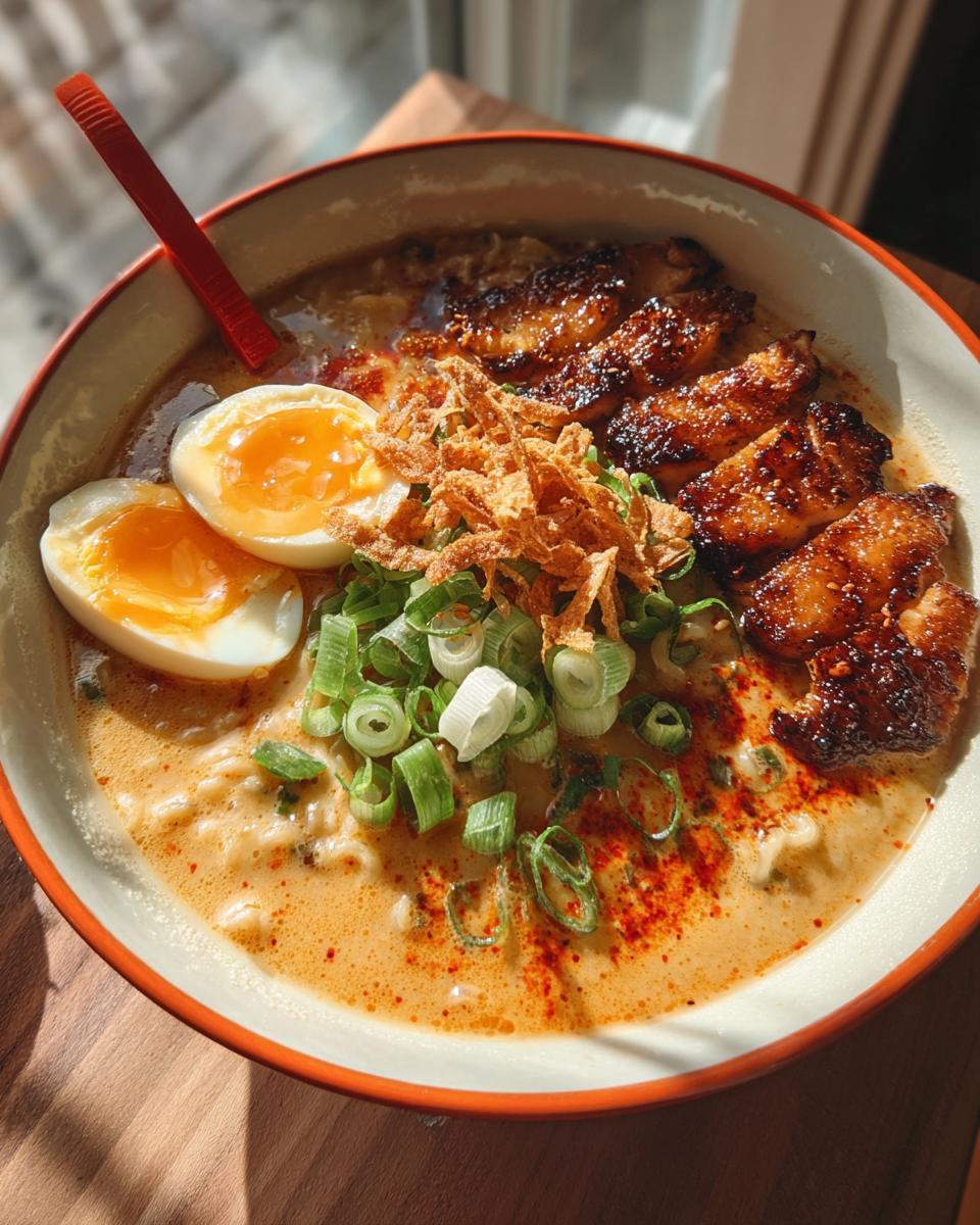 A delicious bowl of Creamy Garlic Chicken Ramen topped with sliced egg, crispy fried onions, green onions, and seared chicken pieces.