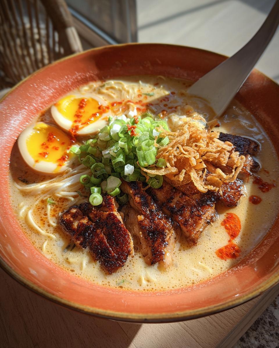 A close-up of a bowl of Creamy Garlic Chicken Ramen, featuring tender chicken slices, ramen noodles, soft-boiled eggs, and green onions.