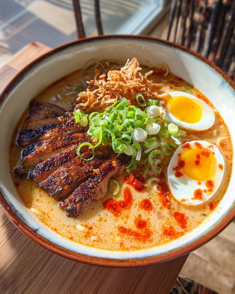 A bowl of Creamy Garlic Chicken Ramen topped with sliced chicken, a soft-boiled egg, and green onions.