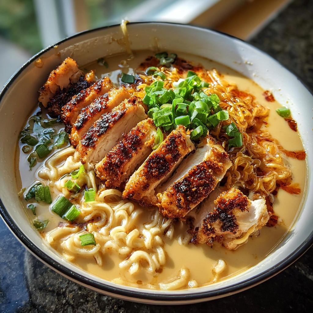 A close-up of a bowl of Creamy Garlic Chicken Ramen, featuring sliced grilled chicken and ramen noodles in a rich broth.