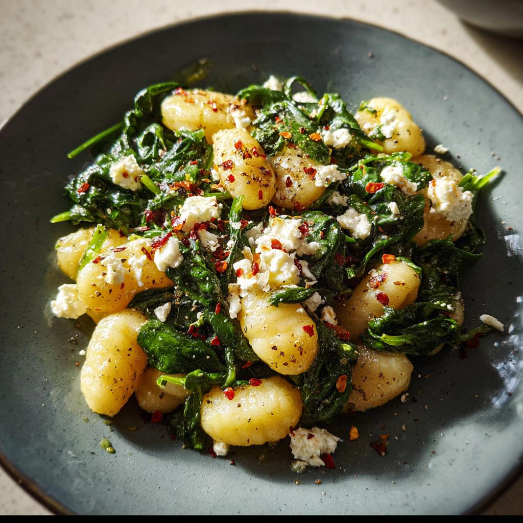 A close-up of creamy gnocchi with spinach and feta, sprinkled with red pepper flakes.
