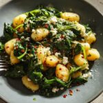A close-up of creamy gnocchi with spinach and feta cheese, sprinkled with red pepper flakes.