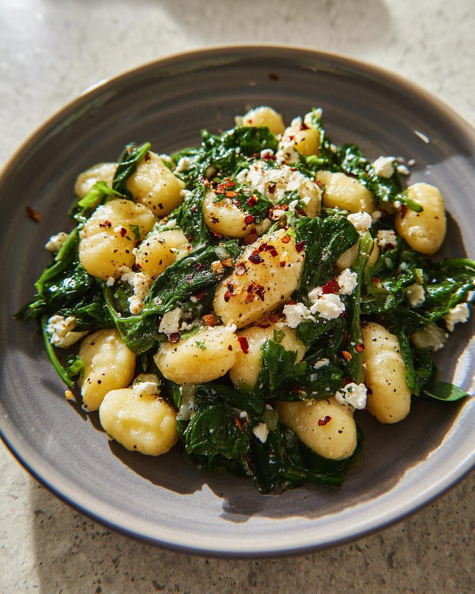 A close-up of creamy gnocchi with spinach and feta cheese, sprinkled with red pepper flakes.